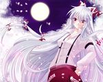  cherry_blossoms floating_hair fujiwara_no_mokou full_moon hand_in_pocket long_hair moon night rindou_matsuri smile solo touhou white_hair wind 