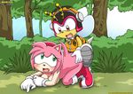  amy_rose bee blush charmy_bee doggy_position female forest hedgehog male mobian mobius_unleashed outside sega sex sonic_(series) straight tree 