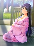  bare_shoulders black_hair blurry blush breasts cleavage depth_of_field floral_print green_eyes japanese_clothes kimono large_breasts long_hair original seiza sitting solo tatami yuzuriha_(active_homing) 