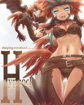  arm_behind_back armlet armor belt beltskirt bikini_armor bird blue_eyes breasts cleavage feathers gloves green_hair headdress hypnocatrice hypnocatrice_(armor) long_hair looking_down medium_breasts midriff monster_hunter monster_hunter_frontier multiple_belts navel open_mouth text_focus tsukigami_chronica wings 