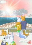  &hearts; anthro boat canine comic couple dialog dialogue elliot fluke fox gay hug hugs male mammal motion_of_the_ocean necklace outside ryan sunset tail text water wolf 