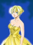  1girl alice_l_malvin bare_shoulders blonde_hair blue_eyes bob_cut breasts choker dress female gradient gradient_background pumpkin_scissors short_hair solo strapless strapless_dress yellow_dress 