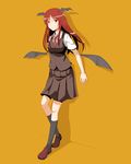  bat_wings black_legwear dress_shirt full_body head_wings highres kawashina_(momen_silicon) kneehighs koakuma loafers long_hair looking_at_viewer low_wings necktie orange_background red_eyes red_hair red_neckwear shirt shoes short_sleeves simple_background skirt skirt_set solo touhou vest white_shirt wings 