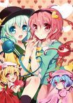  asprach bat_wings blonde_hair blue_eyes blush dress eyeball flandre_scarlet green_hair hairband hat heart komeiji_koishi komeiji_satori multiple_girls pink_eyes purple_hair red_eyes remilia_scarlet short_hair siblings silver_hair sisters skirt symbol-shaped_pupils third_eye touhou wings 