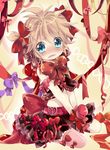  1boy ahoge bad_id blonde_hair blue_eyes blush bow boy child crossdress crossdressing fang frown hair_ornament hair_ribbon hyerry kagamine_len lolita_fashion male male_focus ponytail ribbon short_hair solo tears thighhighs touyama_soboro trap vocaloid white_legwear white_thighhighs 