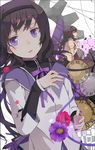  akemi_homura black_hair braid clock evers flower glasses hairband highres long_hair mahou_shoujo_madoka_magica purple_eyes roman_numerals solo spoilers tears twin_braids 