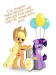  angry applejack_(mlp) balloons blonde_hair cutie_mark don_ko english_text equine female feral friendship_is_magic green_eyes hair hat horn horns horse mad mammal my_little_pony plain_background pony purple_eyes sad text twilight_sparkle_(mlp) two_tone_hair unicorn wheelchair white_background 
