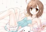  ahoge bloomers brown_eyes brown_hair bunny card dress holding holding_card kurose_rena last_order lying lying_card polka_dot short_hair solo to_aru_majutsu_no_index toy underwear 