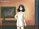  bare_shoulders blue_hair breasts choker cleavage female green_eyes hand_on_hip long_hair marone_bluecarno naked_towel painting picture room serious solo star table tales_of_(series) tales_of_eternia tattoo towel 