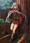  against_tree bad_id bad_pixiv_id blush boots bow coat cravat fur_trim grave hair_bow highres lavender_hair long_hair miniskirt natsume_k nature pixiv_fantasia pixiv_fantasia_5 plaid red_eyes skirt solo tree very_long_hair 