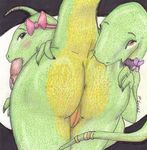  bent_over bite biting bow butt butt_nom choker dinosaur female lizard nom paul_lucas pussy reptile scalie sibling siblings sisters vore 