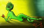  butt crossgender dr_seuss female fur green_eyes green_fur green_hair grinch hair how_the_grinch_stole_christmas looking_at_viewer lying nude on_side rule_63 side_boob smile solo thetwiggydance 