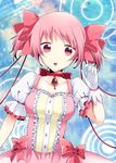  326 bow choker frills gloves hair_bow jewelry kaname_madoka magical_girl mahou_shoujo_madoka_magica open_mouth pendant pink_eyes pink_hair puffy_sleeves red_choker short_twintails solo twintails 