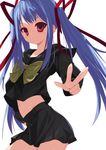  amatsuka_tsurara baby_princess blue_hair hand_on_hip kusaka_souji long_hair midriff miniskirt navel red_eyes school_uniform serafuku simple_background skirt smile solo twintails v 