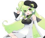  beret bow breasts cleavage detached_sleeves face green_eyes green_hair hat headset long_hair macloid macne_nana medium_breasts nail_polish side_ponytail solo striped thighhighs toshi_punk v zettai_ryouiki 