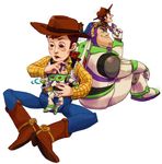 2boys buzz_lightyear cowboy_hat disney doll friends hat male male_focus multiple_boys pixiv sheriff_woody toy_story woody 