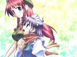  blue_eyes braid fumotono_mikoto hat height_difference hong_meiling izayoi_sakuya long_hair maid maid_headdress multiple_girls red_hair scarf short_hair silver_hair touhou twin_braids upper_body younger 