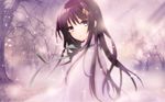  black_hair castle flower flyable_heart fog forest green_eyes hair_flower hair_ornament highres itou_noiji long_hair nature neck_ribbon petals ribbon shirasagi_sayuri solo wallpaper 