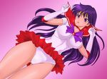  ass_visible_through_thighs bishoujo_senshi_sailor_moon bow breasts dutch_angle earrings gloves hino_rei jewelry large_breasts long_hair panties pink_background purple_bow purple_eyes purple_hair red_sailor_collar red_skirt sailor_collar sailor_mars sailor_senshi_uniform shoes skirt skirt_lift solo sonota_taisei star star_earrings underwear white_gloves 