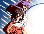  bow brown_eyes brown_hair commentary_request detached_sleeves dragon_ball dragon_ball_z dual_persona energy_ball father-son_kamehameha hair_bow hair_tubes hakurei_reimu hakurei_reimu_(pc-98) kamehameha leon_(mikiri_hassha) long_hair mother_and_daughter motion_lines multiple_girls navel open_mouth parody purple_eyes purple_hair teamwork time_paradox touhou touhou_(pc-98) 