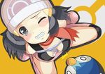  1girl bare_shoulders between_breasts black_eyes black_hair blush boots breasts cleavage clenched_teeth covered_nipples from_above gen_4_pokemon hair_ornament hairclip hat hikari_(pokemon) makoto_daikichi medium_breasts miniskirt piplup pokemon pokemon_(creature) red_scarf scarf simple_background skirt teeth wavy_mouth wince 