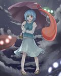  blue_eyes blue_hair cloud daitai heterochromia karakasa_obake night night_sky oriental_umbrella purple_umbrella red_eyes short_hair sky smile solo tatara_kogasa tongue touhou ufo umbrella 