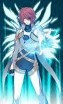  belt coat gloves highres hozumi_(8/1) kratos_aurion lightning magic male_focus messy_hair pants red_hair serious solo spoilers tales_of_(series) tales_of_symphonia wings yellow_eyes 