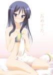  akiyama_mio bed_sheet black_eyes black_hair blush gift hairband highres hoppege k-on! long_hair naked_sheet nude smile solo 