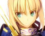  armor artoria_pendragon_(all) blonde_hair excalibur fate/zero fate_(series) glowing glowing_sword glowing_weapon green_eyes hair_ribbon ribbon saber solo sword takeuchi_takashi upper_body weapon 