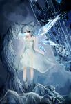  blue_eyes blue_hair bow cirno clock clock_tower dress frozen hair_bow highres ice kamue solo sundress touhou tower wings 