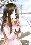  absurdres brown_hair copyright_request drink highres kazuharu_kina scarf silver_eyes snow solo tree 