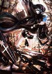  arm_cannon bad_id bad_pixiv_id black_hair black_rock_shooter black_rock_shooter_(character) blue_eyes boots burning_eye chain coat instocklee long_hair shorts solo twintails weapon 