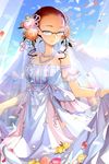  blue_eyes dress drill_hair flower glasses hair_flower hair_ornament jewelry lowres red_hair salt_(salty) skirt_hold solo sword_girls twin_drills twintails vernika_answer wedding_dress 