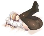  ass bad_id bad_pixiv_id breasts brown_eyes brown_hair crotch_seam dress_shirt feet hairband hanpen legs_up long_hair lying no_pants on_back open_clothes open_shirt original panties panties_under_pantyhose pantyhose shirt sideboob small_breasts smile soles solo toes trefoil underwear 