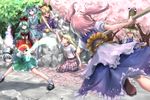  bad_id bad_pixiv_id battle cherry_blossoms duel eno_(whiskeyne) horn hoshiguma_yuugi ibuki_suika kagiyama_hina kawashiro_nitori konpaku_youmu moriya_suwako multiple_girls onozuka_komachi pyonta touhou watching 