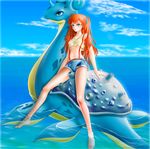  barefoot blue_eyes denim feet highres kasumi_(pokemon) lapras miharin ocean orange_hair outdoors outside photoshop pokemon sea see-through shorts sky tank_top toes water 