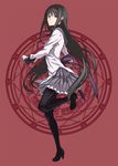  akemi_homura black_hair black_hairband grey_skirt hairband long_hair looking_back magic_circle magical_girl mahou_shoujo_madoka_magica pantyhose purple_eyes sami_(object_dump) skirt solo standing standing_on_one_leg 