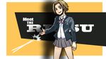  brown_eyes brown_hair crossover drumsticks hairband k-on! meet_the_team parody ribbon school_uniform short_hair skirt smile solo tainaka_ritsu team_fortress_2 the_scout yamada_marin 