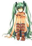  ahoge arm_support bad_id bad_pixiv_id bracelet food green_eyes green_hair hair_ribbon hatsune_miku jewelry long_hair mouth_hold multicolored multicolored_clothes multicolored_legwear pocky ribbon shorts simple_background sitting sleepy69 socks solo striped striped_legwear twintails very_long_hair vocaloid 