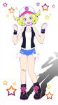  absurdres bandaid baseball_cap bel_(pokemon) bell_(pokemon) blonde_hair boots breasts cosplay costume_switch female flat_color full_body gradient gradient_background green_eyes hat highres open_mouth pokemon pokemon_(game) pokemon_black_and_white pokemon_bw short_hair shorts smile solo star stars touko_(pokemon) touko_(pokemon)_(cosplay) vest white_(pokemon) white_background 