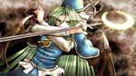  arioto blue_capelet capelet demon_wings fighting_stance glowing green_hair hat long_hair mima nail_polish solo staff touhou touhou_(pc-98) weapon wings wizard_hat 