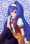  arcana_heart arm_support blue_background blue_hair blush brown_eyes hairband long_hair misono_gakuen_school_uniform necktie orange_skirt pantyhose school_uniform sitting skirt solo takanoru tsuzura_saki 