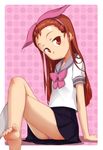  arm_support barefoot bow brown_eyes brown_hair crossed_legs feet hair_bow hairband idolmaster idolmaster_(classic) legs long_hair minase_iori panties pantyshot pantyshot_(sitting) polka_dot polka_dot_background school_uniform serafuku single_sock sitting skirt socks soles solo striped striped_panties ttomm underwear white_legwear 