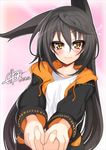  animal_ears black_hair blush char holding_hands hood hood_down hoodie long_hair necro-san original out_of_frame pov pov_hands solo_focus 