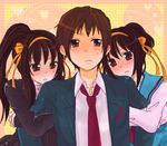  2girls arm_hug bad_id bad_pixiv_id brown_eyes brown_hair dual_persona hair_ribbon kita_high_school_uniform kouyouen_academy_uniform kyon long_hair marui_(zonkai) multiple_girls ponytail ribbon school_uniform serafuku short_hair suzumiya_haruhi suzumiya_haruhi_no_shoushitsu suzumiya_haruhi_no_yuuutsu 