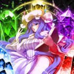  book breasts crescent crystal hat highres large_breasts long_hair long_sleeves magic_circle patchouli_knowledge pentagram philosopher's_stone purple_eyes purple_hair solo spell_card symbol-shaped_pupils touhou tro very_long_hair 