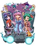  animal_ears broom dual_wielding green_hair hat hitodama holding jiangshi karakasa_obake kasodani_kyouko konpaku_youmu lowres miyako_yoshika multiple_girls musical_note ofuda oobako pink_hair pixel_art saigyouji_yuyuko sword tatara_kogasa ten_desires touhou triangular_headpiece umbrella weapon 