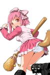  bad_id bad_pixiv_id bell belt boots bow broom buckle hair_bow jingle_bell open_mouth original panties pink_eyes pink_hair ribbon ryou_(effort) skirt solo tail underwear 