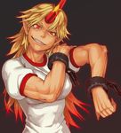  blonde_hair broken broken_chain brown_background chain cuffs fangs grin hand_on_own_shoulder horn hoshiguma_yuugi long_hair muscle muscular_female pointy_ears red_eyes shackles simple_background slit_pupils smile solo star touhou yuuji_(and) 