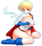  blonde_hair blue_eyes blush boots breasts cape dc_comics female full_body gloves highres large_breasts m_hirose nipple nipples power_girl short_hair solo torn_clothes white_background 
